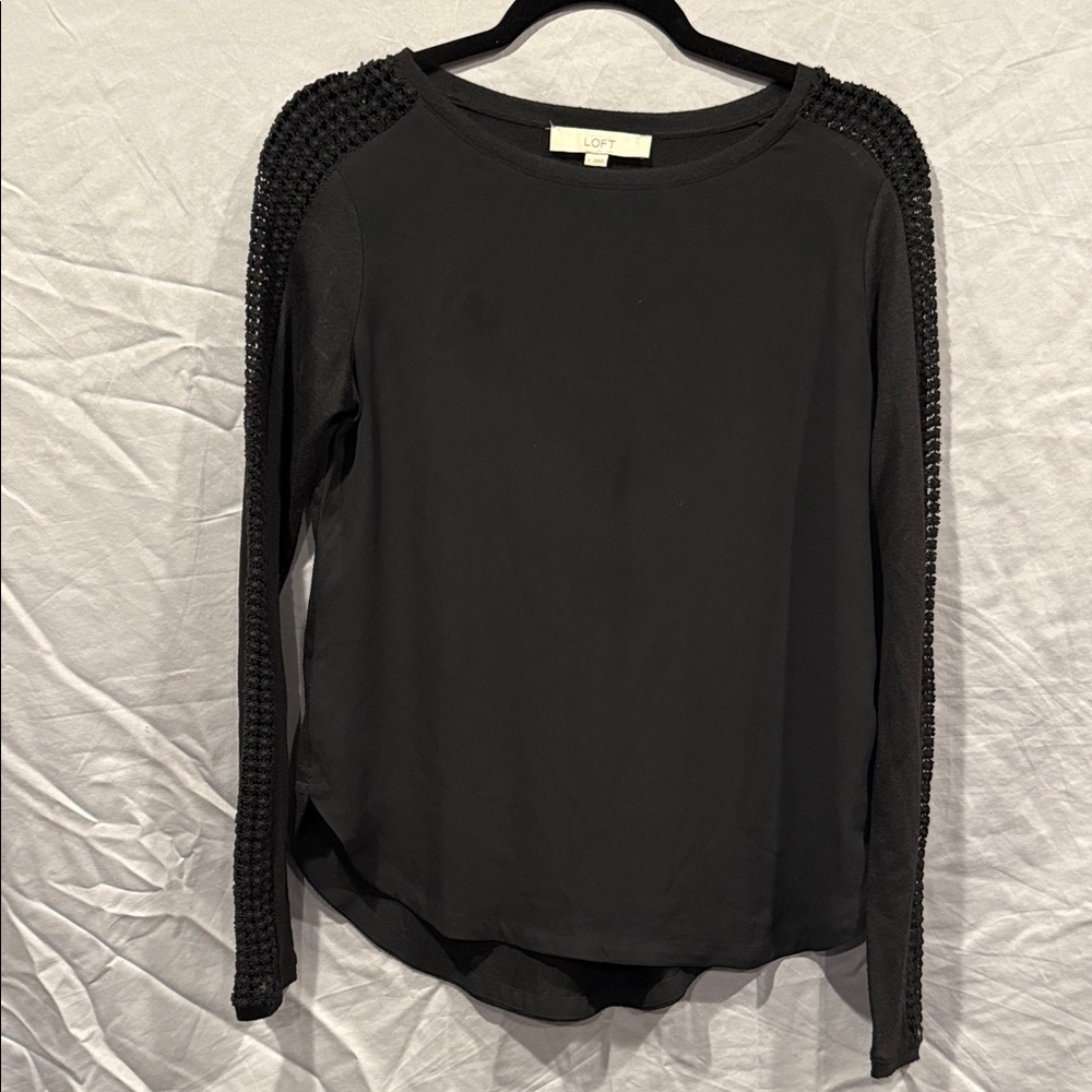 LOFT Black Blouse with Textured Sleeves